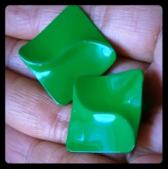 Green - Antique Silver Finish Oxidised Brass Base Enamel & Stone Work Earrings